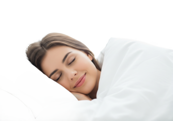 Peaceful young woman sleeping comfortably under a white blanket isolated on transparent background