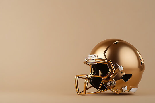 A gleaming gold football helmet sits poised, ready for action. The metallic sheen catches the light, highlighting its sturdy design and evoking the excitement of the sport.