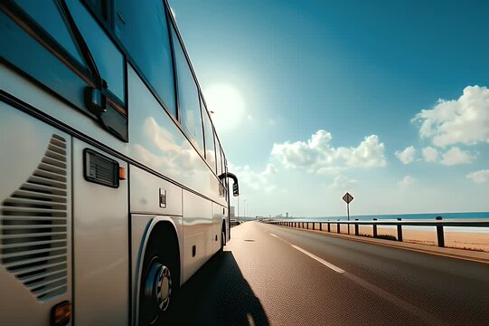 Bus roulant sur la route au bord de la mer