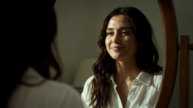 Gorgeous lady gazing at her reflection in the mirror, discovering a newfound sense of self assurance and self love. A moment of deep reflection and uplifting feelings