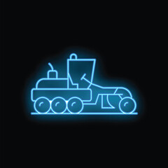 Blue neon glowing icon of road roller working at night on black background