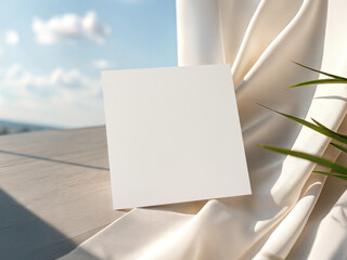 Square Card Mockup with Beige Fabric and Green Leaves in Natural Sunlight