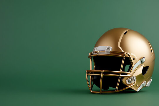 A golden football helmet shines against a green backdrop. It’s the gear of champions, ready for the gridiron battle. This image captures the spirit of the game in style.