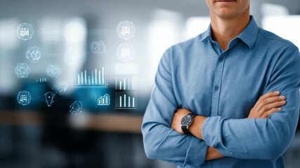 Confident business professional in a modern office environment with digital data analytics graphics overlay. Success, innovation, and leadership concepts are visually represented in this scene - Powered by Adobe
