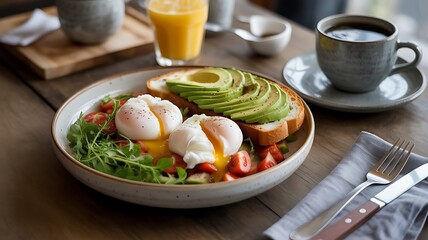 Delicious breakfast featuring poached eggs, avocado toast, fresh arugula, and ripe tomatoes, served with coffee and orange juice on a wooden table