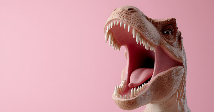 A stylized, close-up portrait of a Tyrannosaurus Rex head against a solid pink backdrop. The dinosaur's mouth is open, revealing its teeth and tongue, creating a bold statement.