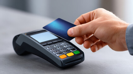 Hand holding a blue credit card above a modern payment terminal on a wooden surface, showcasing contactless payment technology in a retail environment