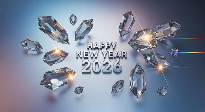 Happy new year 2026 text surrounded by floating abstract crystal shards and light flares on a soft gradient background - Powered by Adobe