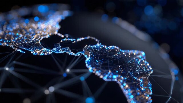 Futuristic 3D representation of Latin America, digital network lines and glowing nodes illustrate telecommunications and cyber connectivity