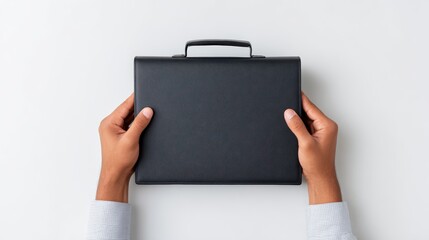Hands of an african american man holding a sleek black briefcase on a clean white surface, representing professionalism and business readiness in a modern workspace