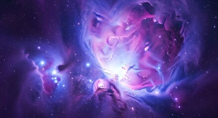 Purple  blue nebula gas clouds stars bright center cosmic dust deep space