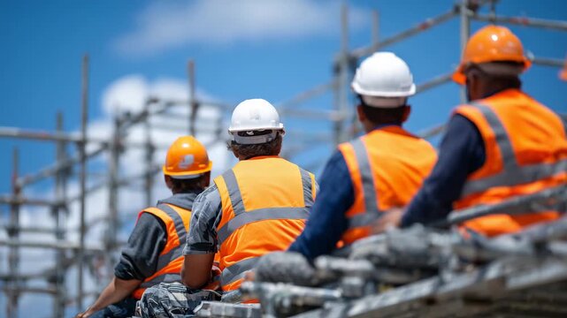 Group of construction workers sitting on scaffolding, helmets and safety vests on, taking a break, open sky and building site in background, copy space on left