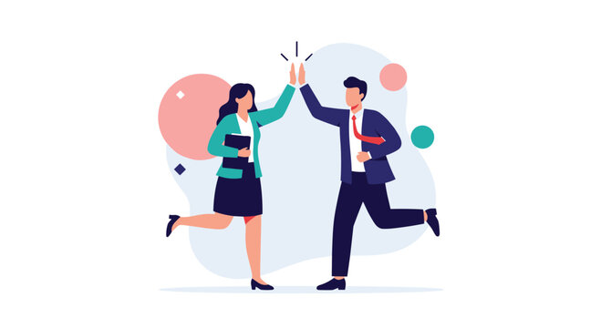 Two business professionals high-five, celebrating success and effective teamwork, illustrating a strong partnership and shared achievement.