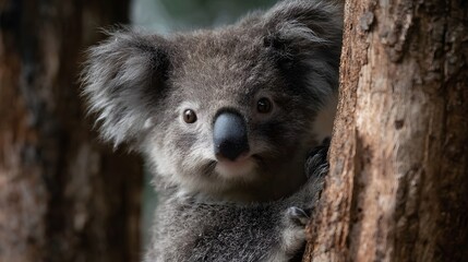 Naklejka premium A charming koala peeks from behind a textured tree trunk its large dark eyes curious and alert in its natural habitat