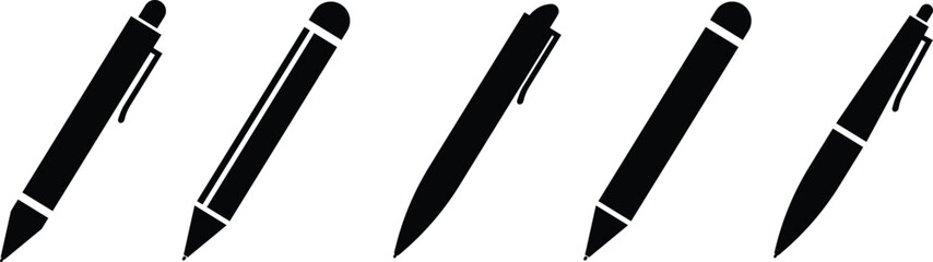 Black pen, pencil, writing instrument, and stationery icon set, minimalist office tool collection and education symbol group in flat style, isolated vector for design and print