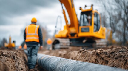 Construction worker wearing safety vest and hard hat walks along a trench with a large pipe, while heavy machinery operates in the background, showcasing industrial work environment