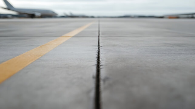 A close-up of an airport runway showcases the concrete texture, yellow markings, and the distant outline of an airplane against a cloudy sky, highlighting the essence of travel.