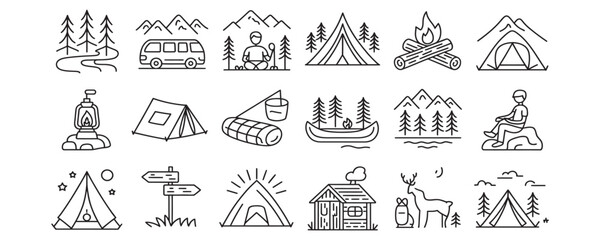 Discover stunning camping icons perfect for adventure designs and outdoor themes, adding a touch of nature and wanderlust to your next project for your brand.