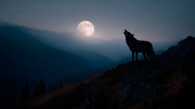 A solitary wolf howls at a large full moon from a misty mountain ridge at night