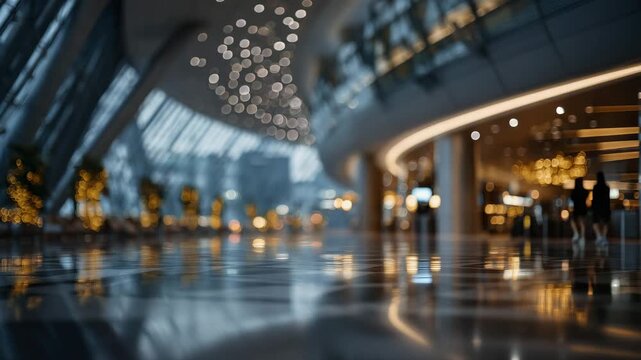 Iconic architectural curves of Hamad International blurred with bokeh brilliance, luminous reflections on marble floors