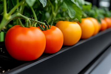 Vibrant tomatoes, a mix of red & yellow, ripen on the vine, promising a taste of summer. Fresh garden produce displayed against a simple, dark backdrop, ready for harvest!