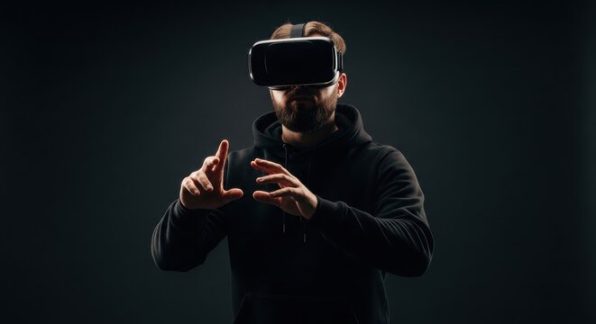 Young caucasian male experiencing virtual reality with headset in dark setting
