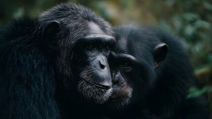 Fototapeta premium Close up portrait of two chimpanzees grooming each other in a lush forest setting showcasing their social bond