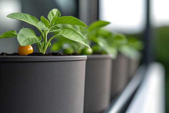 A row of potted plants with vibrant green foliage and small yellow fruit. The pots are a sleek gray, set against a blurry background. New beginnings, nature, and growth.