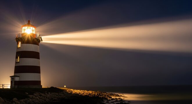 Illuminated lighthouse at night by the sea with bright beam - Powered by Adobe