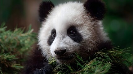 Obraz premium A young adorable panda cub rests peacefully amidst lush green foliage in its natural forest habitat