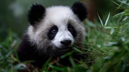 Obraz premium Young giant panda cub eating bamboo shoot in lush green forest habitat close up