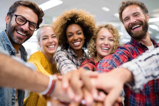 Diverse group of friends come together in a cheerful group photo showcasing unity and teamwork