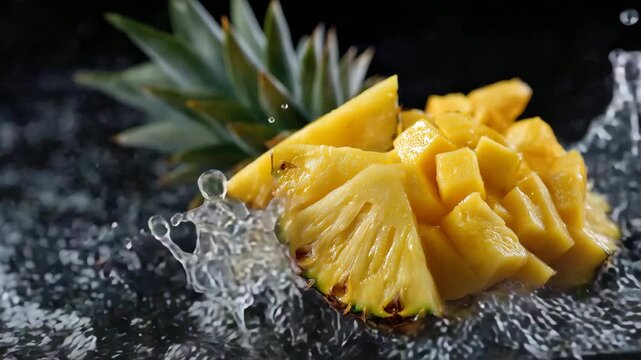 Juicy mango slice and pineapple chunk crashing into water, crystal-clear splashes frozen, tropical fruit freshness captured in detail