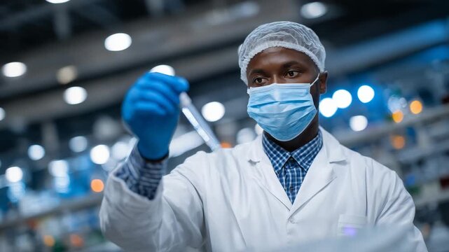 Laboratory close-up, researcher in face mask and protective clothing sealing covid-19 test tubes, bright sterile hospital facility, strict safety adherence