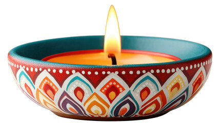 PNG Lit diya oil lamp in a decorative colorful bowl with a bright flame for celebration