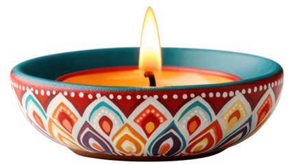 PNG Lit diya oil lamp in a decorative colorful bowl with a bright flame for celebration