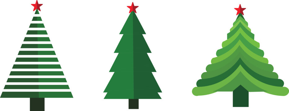 Collection of twelve flat-design Christmas trees with unique geometric shapes and red star toppers on a clean white background