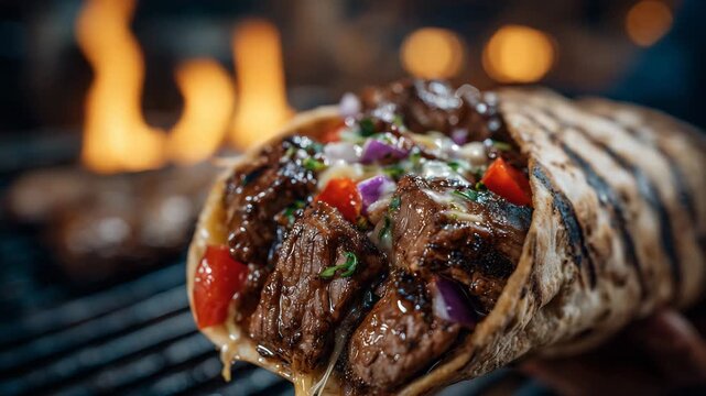 Macro close-up of beef wrap in hand, tender beef chunks and dripping cheese highlighted, grilled tortilla with slight char, fresh ingredients in vivid focus