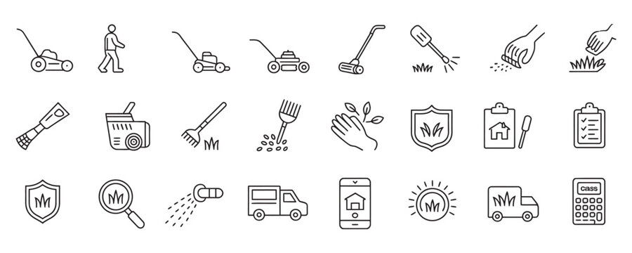 Professional lawn care service icons for modern landscape design and gardening, perfect for websites, apps, and marketing materials promoting outdoor services