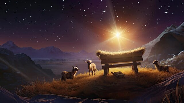 Nativity scene, Christian Christmas concept, Birth of Jesus Christ. Wooden manger with holy child in barn in dark blue night.