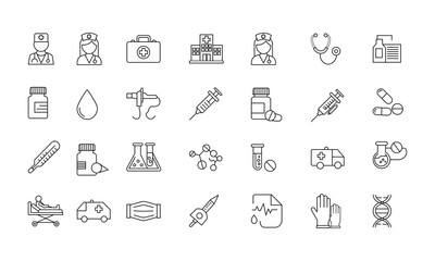 Set of medical and healthcare line icons including nurse, hospital, syringe, stethoscope, medicine bottle, mask, and ambulance