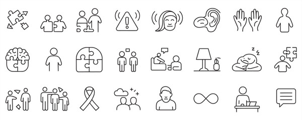 Raising awareness with autism icon set for neurodiversity and acceptance, a collection of line art symbols for inclusivity and understanding