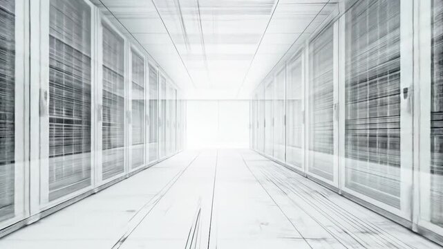 A stark, abstract perspective of server racks in a bright, minimalist data center