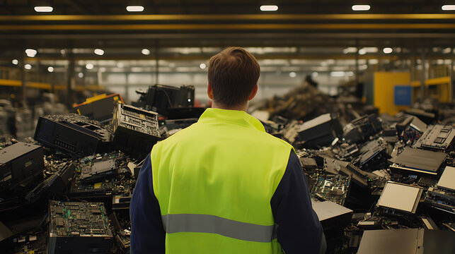 A worker wearing a yellow vest stands in front of a large pile of computer parts in a warehouse. The scene conveys waste, recycling, and e-waste issues. - Powered by Adobe