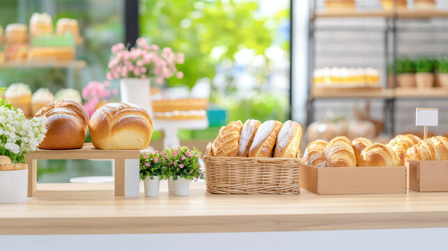Freshly baked bread and pastries displayed on wooden counter in bright bakery. inviting atmosphere enhances delightful experience