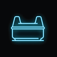 Neon blue icon of a lunch box glowing on a black background