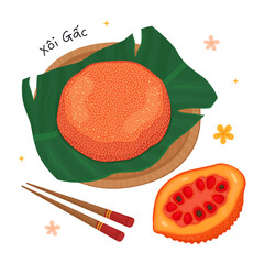 Vietnamese traditional sticky red rice with gaс fruit (Xoi Gac). Festive dish for Lunar New Year (Tet). Rice on a banana leaf on a tray, chopsticks and gaс fruit, illustration on white background.