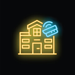 Neon icon of a security camera monitoring a house at night, symbolizing home security and surveillance