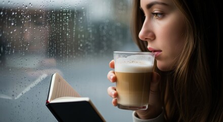 Young caucasian woman sipping coffee and reading by a rainy window