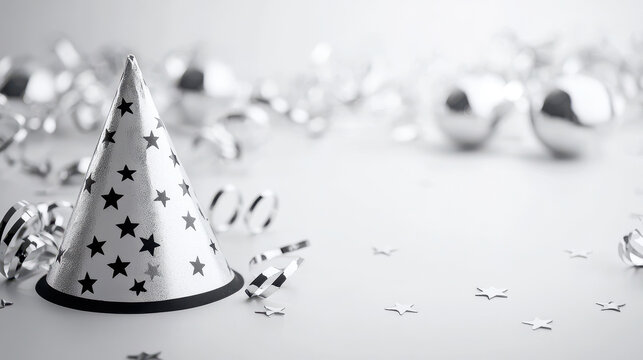 Party hat with stars, festive decorations, silver and black colors, celebration atmosphere, party supplies, holiday spirit, fun event